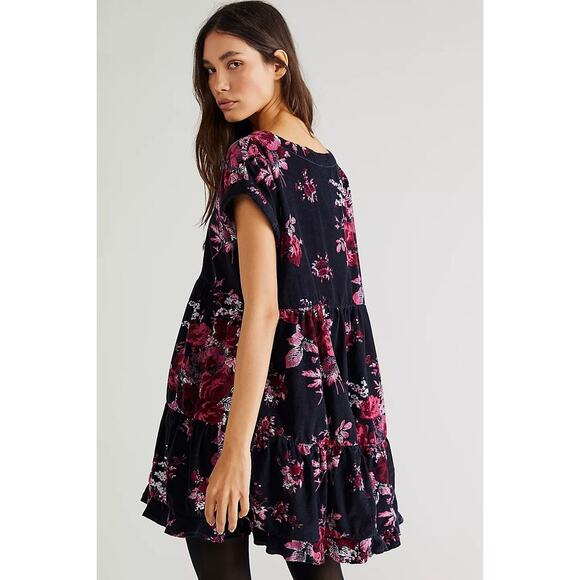 Free People Harper Floral Mini Dress Black Pink Rose Print Tiered Sz Large NWT - Picture 1 of 8